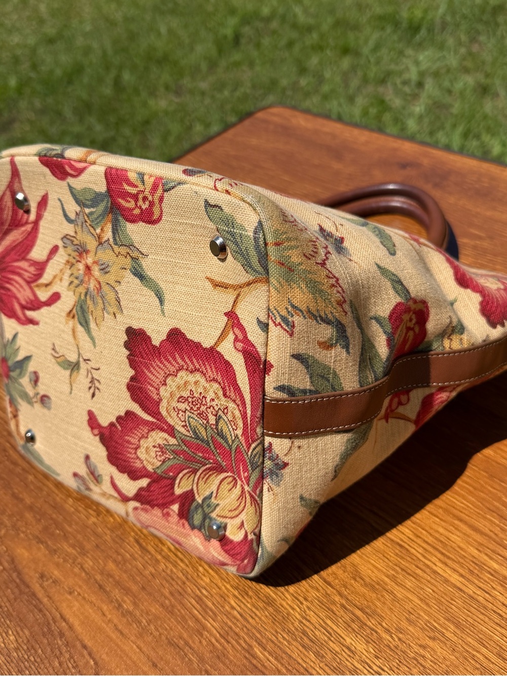 Talbots Floral Tapestry Tote Bag Canvas Leather Trim Boho Cottagecore - Picture 4 of 15